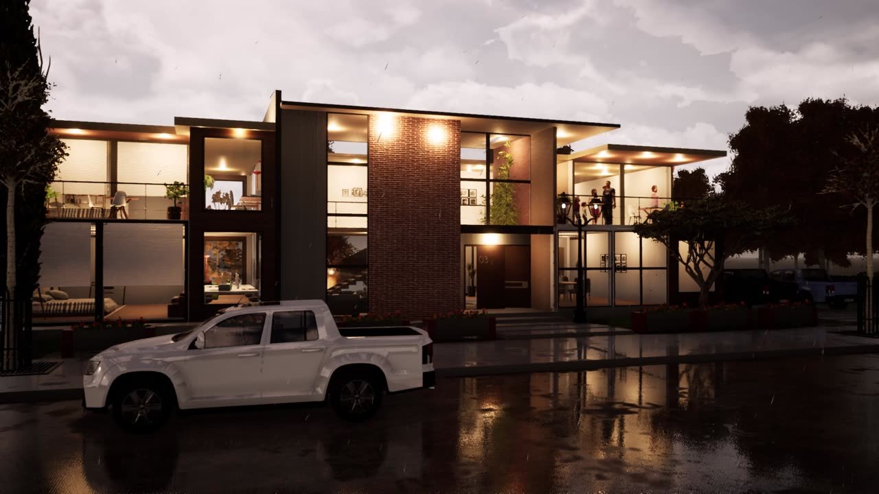 Residencia Los Olivos, fachada nocturna